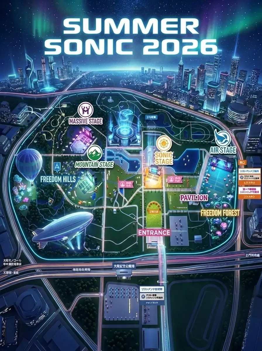 Ilustrasi peta area 2026 lokasi Summer Sonic Osaka di Taman Peringatan Expo '70, menunjukkan area panggung, pintu masuk, dan stasiun Osaka Monorail di sisi selatan.